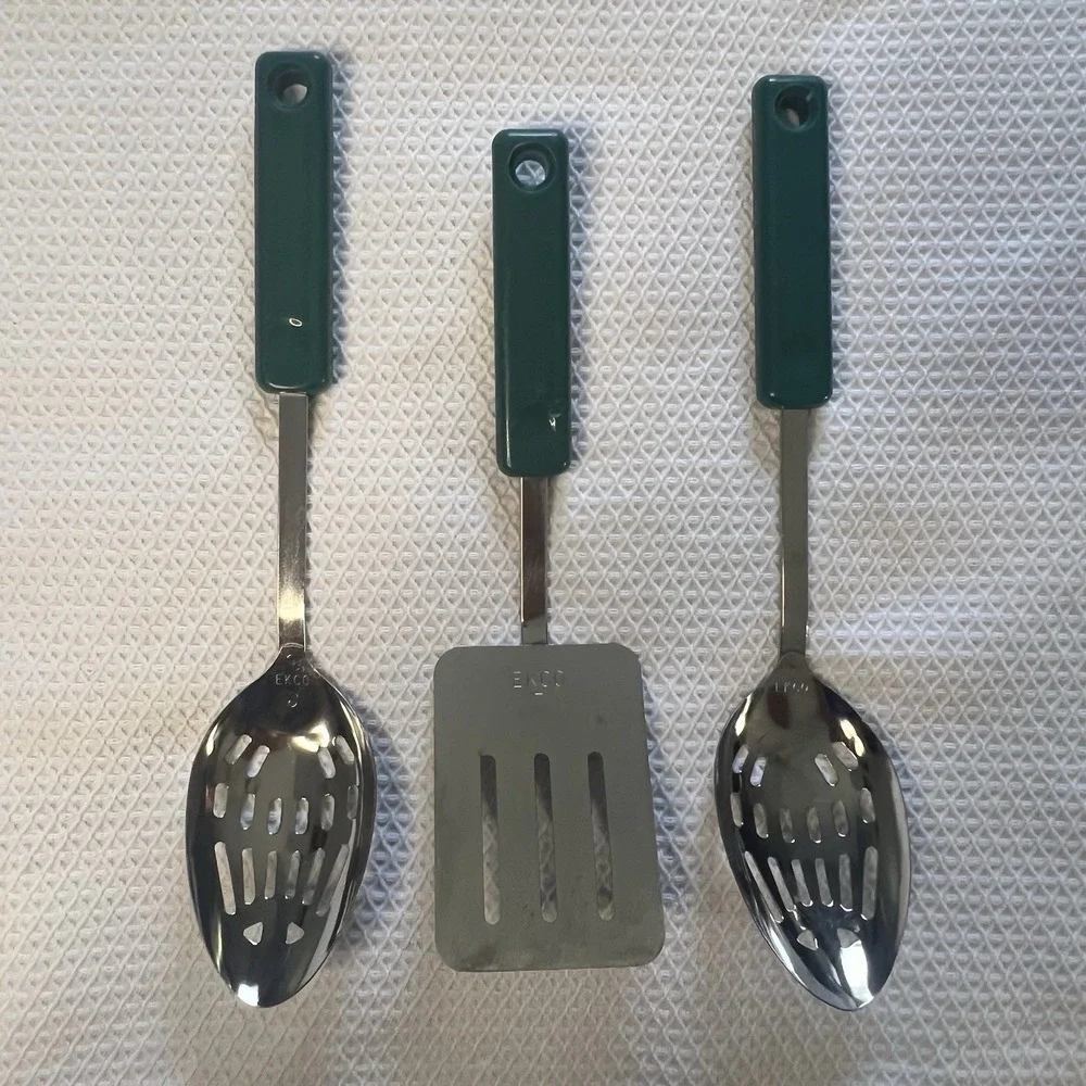 Vintage Ekco 3 Piece Utensil Stainless Steel Green Handles Slotted Spoon Spatula